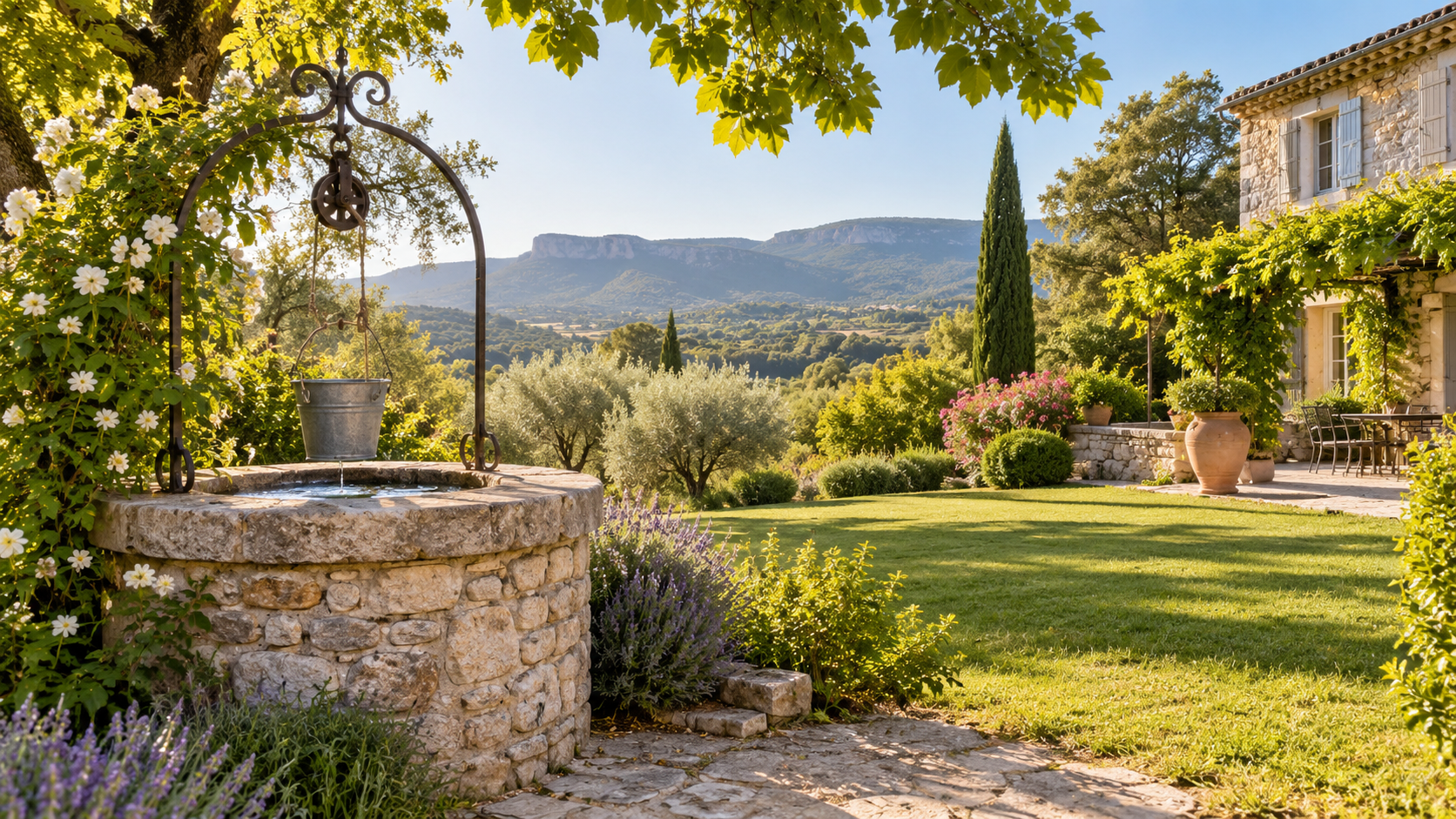 Puits en pierre dans un jardin paysager